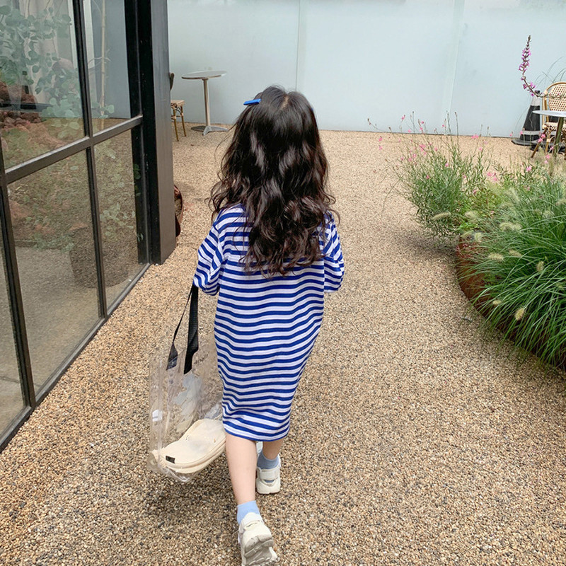 Haljina majica kratkih rukava za djevojčice Prugasta haljina do sredine rukava Dugi gornji džemper Haljina 2022. Proljeće ljeto Nova moda Ležerna sportska Dječja odjeća