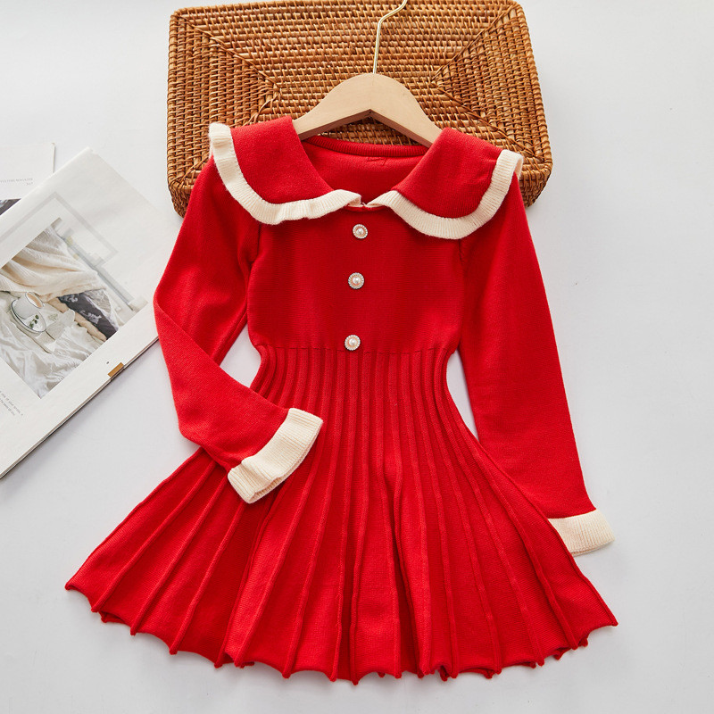 Jesenska haljina za djevojčice 2022. Nova dječja proljetna haljina princeze, moderne haljine s plisiranim strukom, pletena vunena odjeća na gumbe