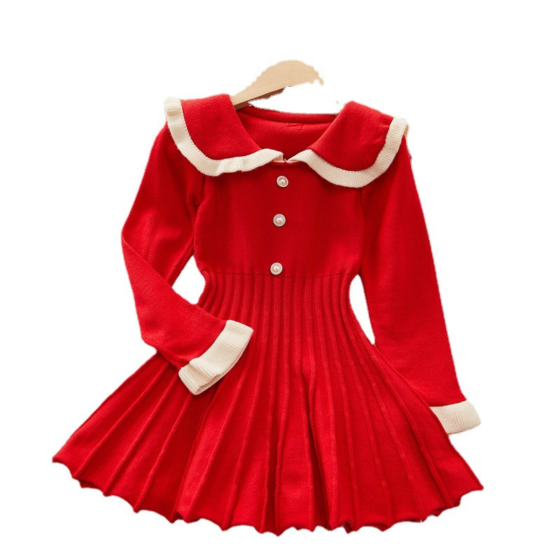 Jesenska haljina za djevojčice 2022. Nova dječja proljetna haljina princeze, moderne haljine s plisiranim strukom, pletena vunena odjeća na gumbe