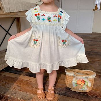 Καλοκαιρινό φόρεμα για κορίτσια βρετανικού στυλ Ρετρό κέντημα Μικρό κορίτσι Ιπτάμενα μανίκια Πριγκίπισσα Φόρεμα Παιδικά Παιδικά Ρούχα