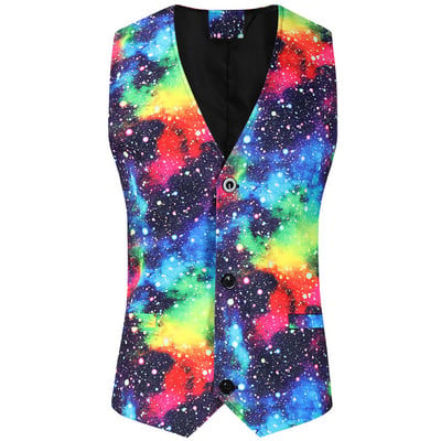 Rainbow Starry Sky Print be rankovių Chaleco Hombre Plus Size 4XL Vienaeilis vyrų smokingo liemenė Club Slim Fit gėlėta liemenė