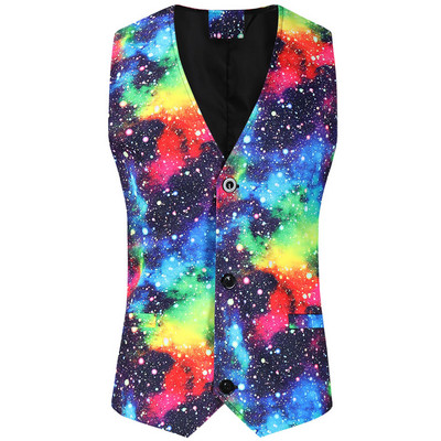 Rainbow Starry Sky Print bez piedurknēm Chaleco Hombre liela izmēra 4XL vienrindas vīriešu smokinga veste Club Slim Fit ziedu veste