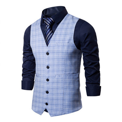 Висококачествена мъжка бизнес ежедневна жилетка без ръкави Slim Fit карирана жилетка