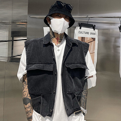 PFNW Пролет Есен Нови мъжки карго джобни дънкови жилетки Модни личностни красиви High Street Tide Chic Slim Jackets 12A7784