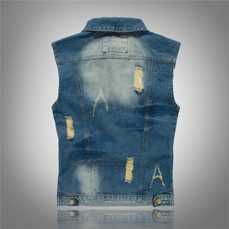 2022 Мъжки дизайн на дупки Мъжка дънкова жилетка Винтидж дънки Яке без ръкави Мъжки протрити сини дънки Жилетка Мъжко леко яке