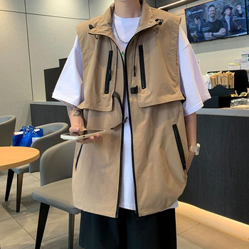 2023 лятна мода за мъже Sloid Cool Boy Ежедневно свободно сафари стил Tess Жилетка с цип, джоб, универсално яке без ръкави