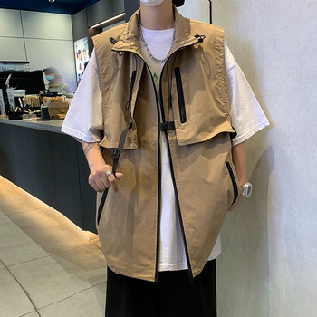 2023 лятна мода за мъже Sloid Cool Boy Ежедневно свободно сафари стил Tess Жилетка с цип, джоб, универсално яке без ръкави