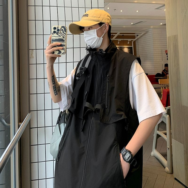 2023 лятна мода за мъже Sloid Cool Boy Ежедневно свободно сафари стил Tess Жилетка с цип, джоб, универсално яке без ръкави