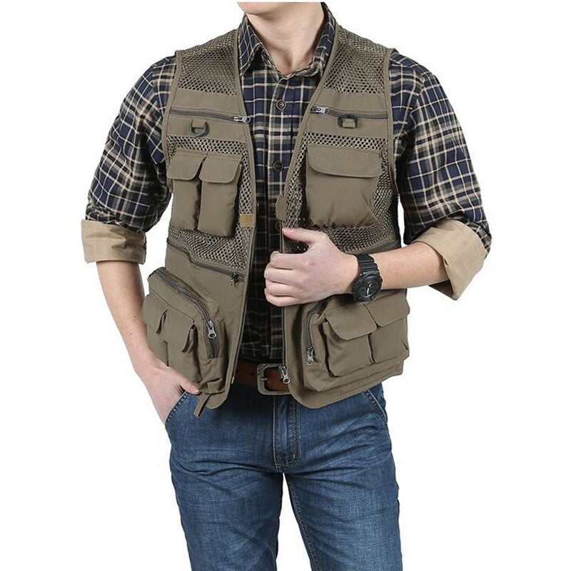 DIMUSI Мъжки жилетки Ежедневни мрежести дишащи жилетки с много джобове, якета без ръкави, мъжки горни дрехи, риболовни жилетки, маркови дрехи 6XL