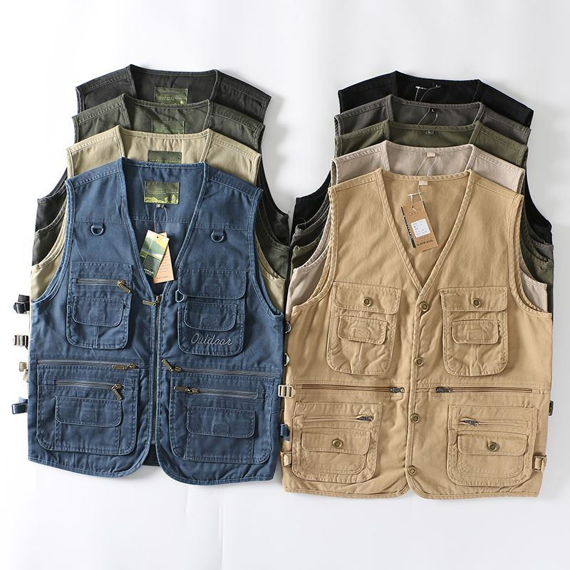 Плюс размер Мъжка памучна жилетка с много джобове Нова лятна карго жилетка Мъжка ежедневна жилетка без ръкави Военно яке без ръкави