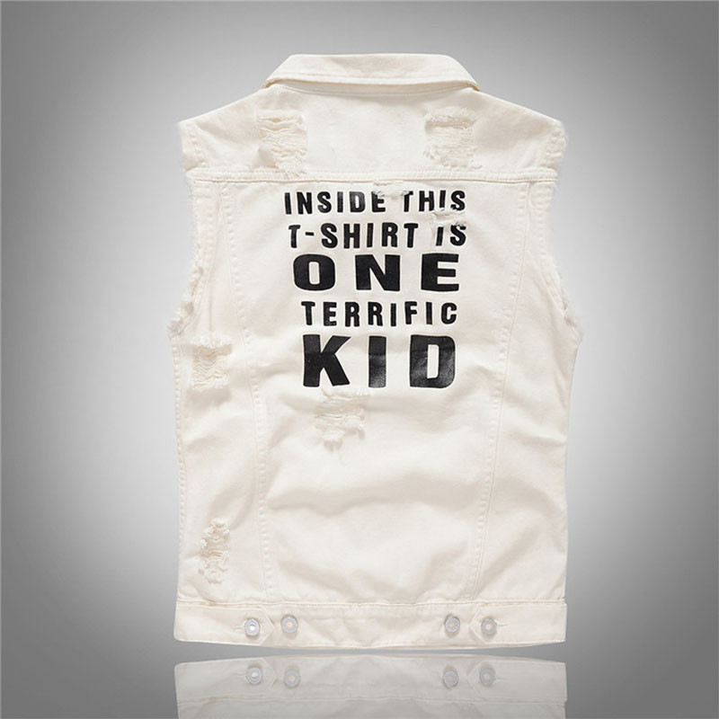 Бяла мъжка дънкова жилетка Мъжко яке без ръкави Палто 4XL Vintage Steetwear с дупки Ежедневна жилетка Мъжка жилетка Марково облекло AF1002