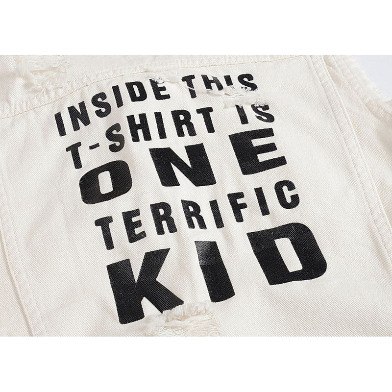 Бяла мъжка дънкова жилетка Мъжко яке без ръкави Палто 4XL Vintage Steetwear с дупки Ежедневна жилетка Мъжка жилетка Марково облекло AF1002