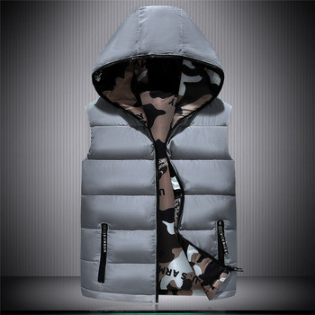 Νέο ανδρικό αναστρέψιμο γιλέκο Απλό αμάνικο μπουφάν με κουκούλα Κομψό καμουφλάζ διπλής όψης αντιανεμικό ζεστό γιλέκο Ανδρικά ρούχα