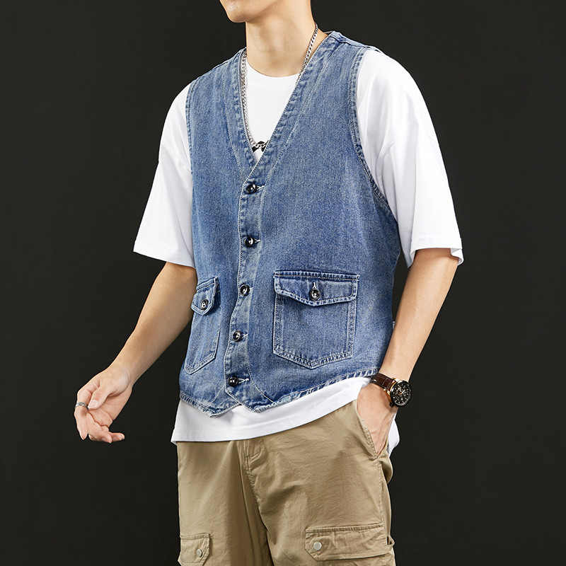 TFETTERS Лятна нова дънкова жилетка Мъжки японски ежедневни свободни изпрани стари палта без ръкави Модно едноцветно дънково яке без яка
