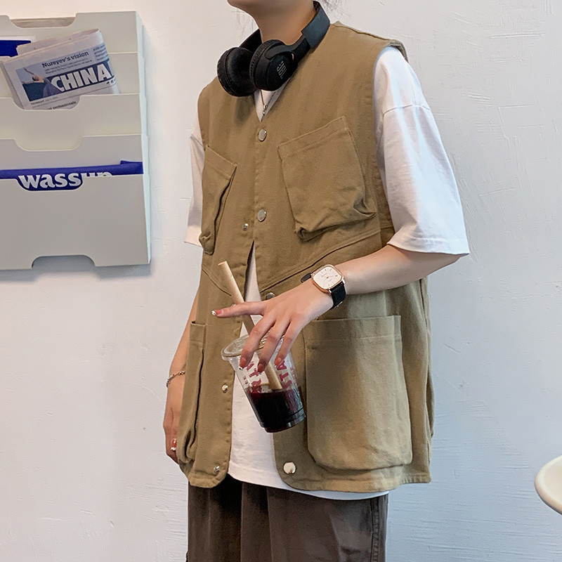 Мъжка жилетка с инструменти с джобове Лятна връхна дреха Свободно V-образно деколте Без ръкави Едноредни едноредни копчета Жилетка Якета Топове