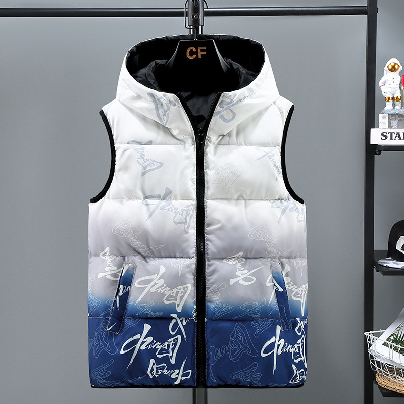 #3617 Палто с щампована жилетка Мъжка дебела топла жилетка с качулка Жилетка Без ръкави Яке с цип Тънко връхно облекло с пухена жилетка в китайски стил