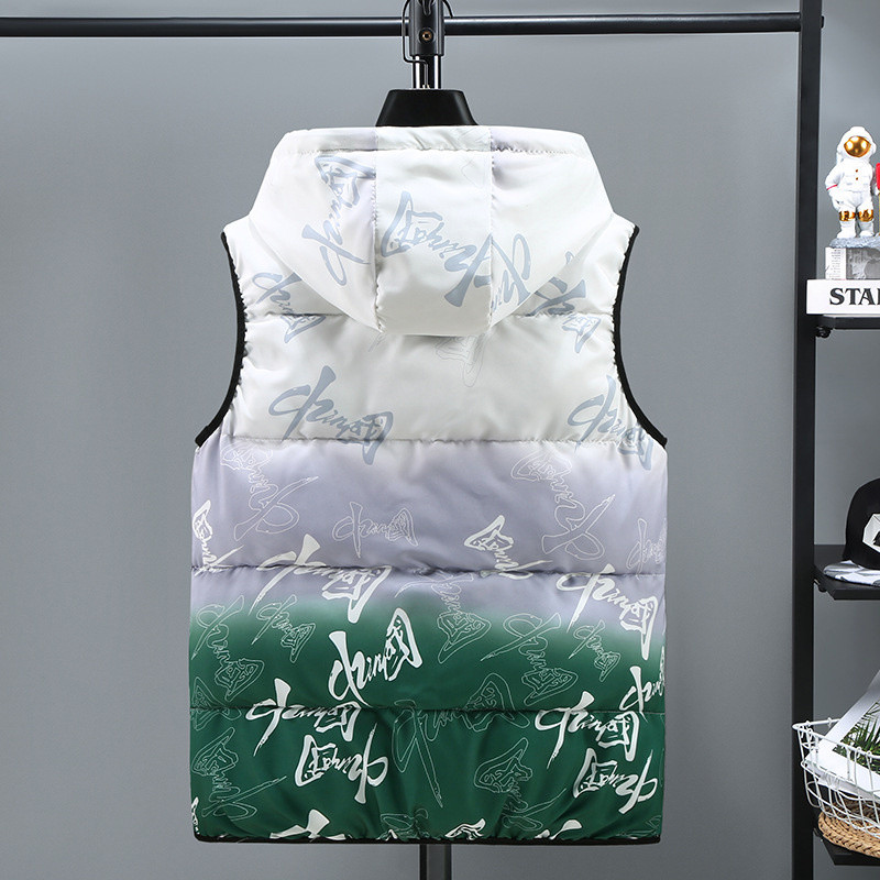 #3617 Палто с щампована жилетка Мъжка дебела топла жилетка с качулка Жилетка Без ръкави Яке с цип Тънко връхно облекло с пухена жилетка в китайски стил