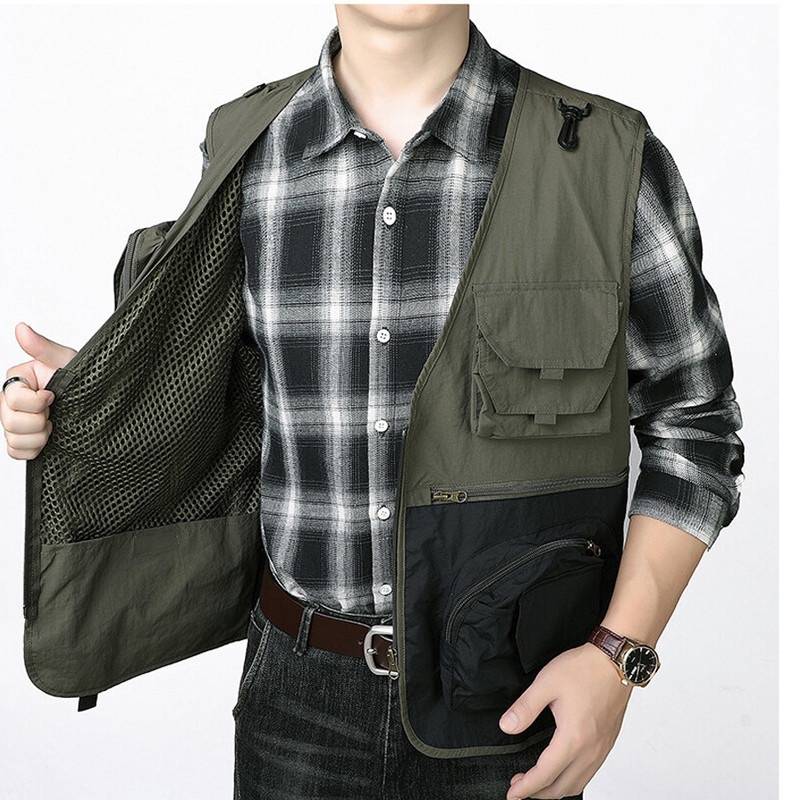 DIMUSI Летни мъжки жилетки с много джобове Ежедневни мъжки дишащи мрежести жилетки Якета без ръкави Мъжки жилетки за риболов на открито Облекло