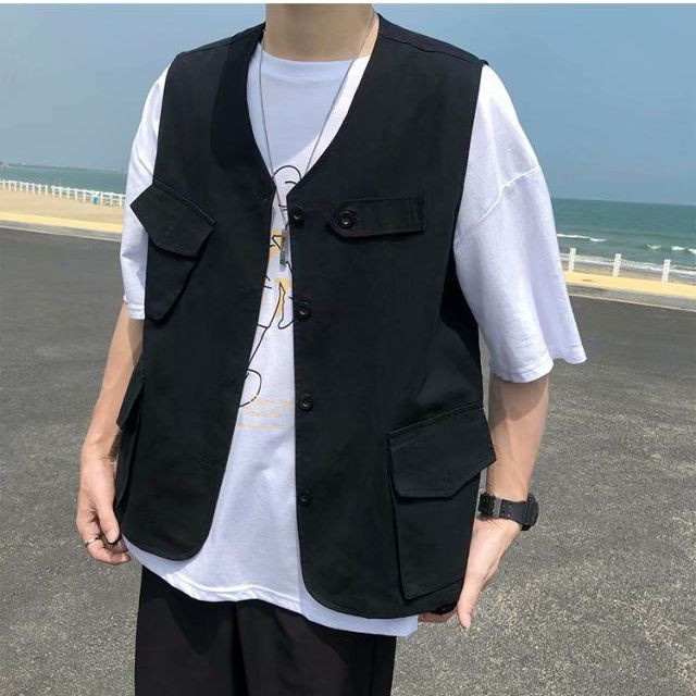 Лятна мода за мъже 2023 г. Едноцветен готин момче Ежедневен свободен жилетка с копчета Яке с джоб без ръкави Универсален работен костюм Pocke