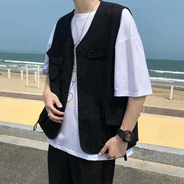 Лятна мода за мъже 2023 г. Едноцветен готин момче Ежедневен свободен жилетка с копчета Яке с джоб без ръкави Универсален работен костюм Pocke