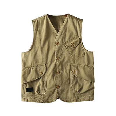 Ретро яке без ръкави Мъжка работна жилетка 100% памук Американски ежедневен ретро потник с няколко джоба Жилетки Amekaji Байкърска жилетка