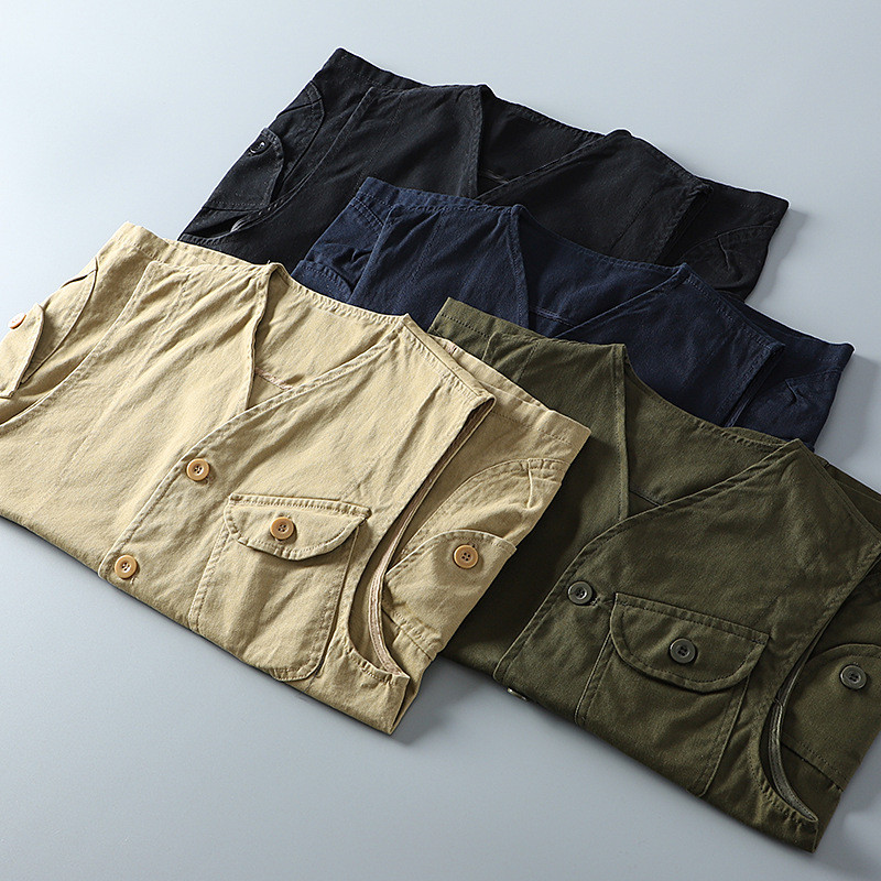 Ретро яке без ръкави Мъжка работна жилетка 100% памук Американски ежедневен ретро потник с няколко джоба Жилетки Amekaji Байкърска жилетка