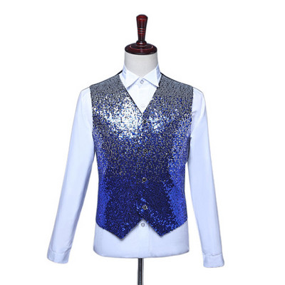 Мъжка жилетка Мода 2019 Ново мъжко облекло Певица Градиентни пайети Ярки таблети Сценично представяне Сини червени мъжки жилетки Жилетки