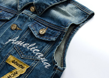 Тенденция за 2023 г. Синя джинсова жилетка с бродерия Мъжка тънка жилетка без ръкави с голям размер Ежедневна улична модна жилетка
