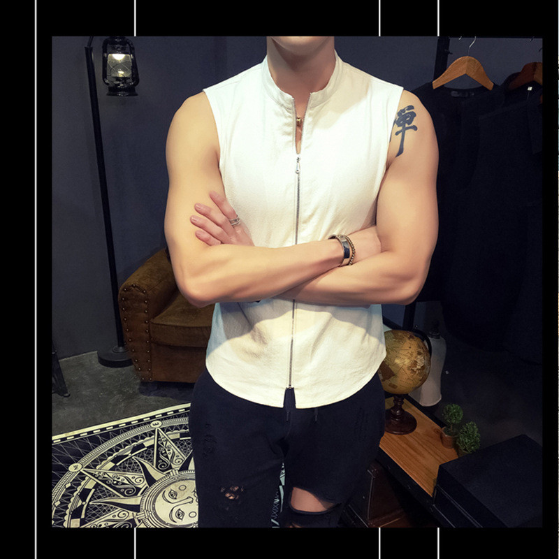 Мъжка лятна жилетка Тънък материал Лен + Памук Мъжки ежедневен тънък дишащ жилетка Стойка яка, цип, горнища без ръкави