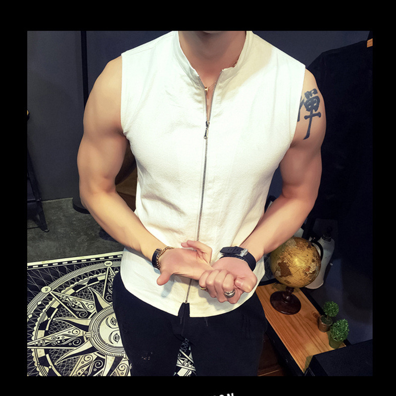 Мъжка лятна жилетка Тънък материал Лен + Памук Мъжки ежедневен тънък дишащ жилетка Стойка яка, цип, горнища без ръкави