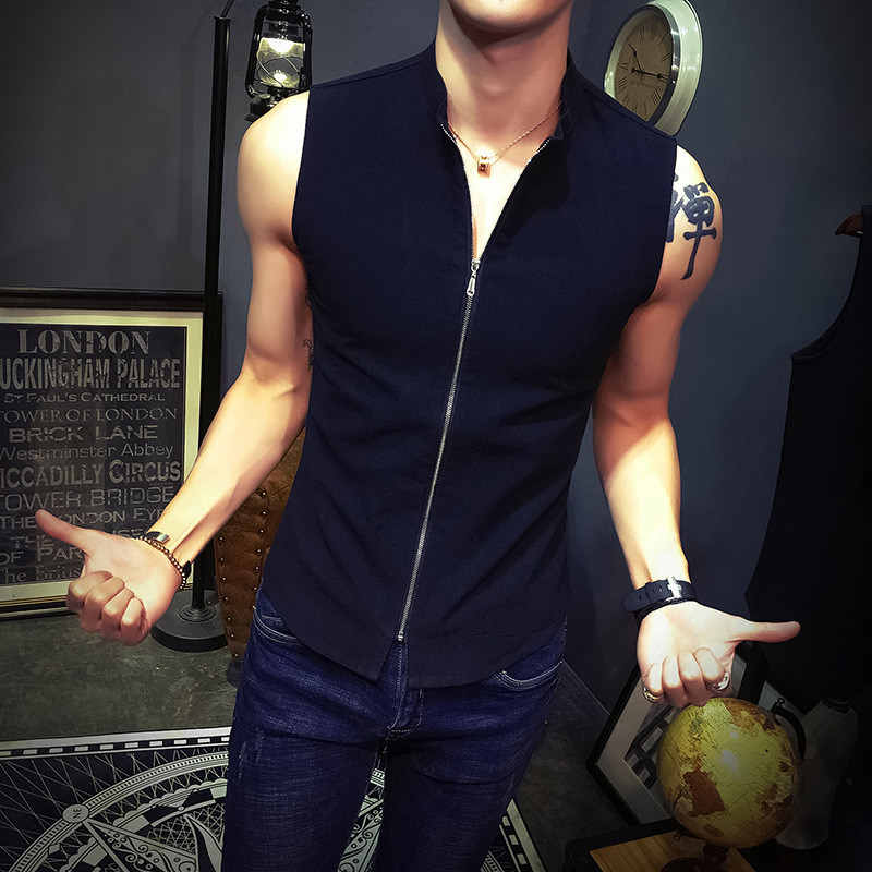 Мъжка лятна жилетка Тънък материал Лен + Памук Мъжки ежедневен тънък дишащ жилетка Стойка яка, цип, горнища без ръкави