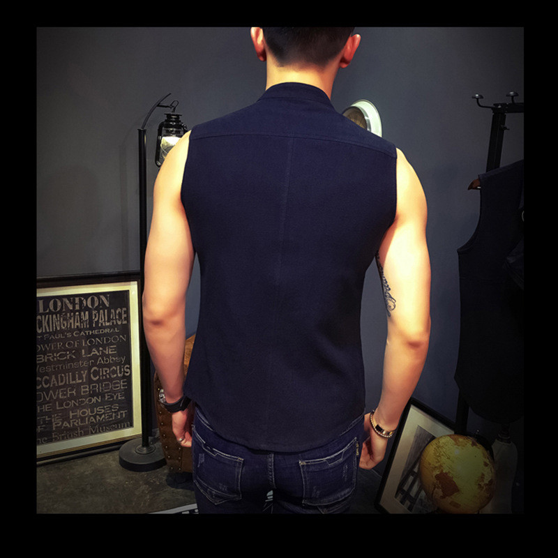 Мъжка лятна жилетка Тънък материал Лен + Памук Мъжки ежедневен тънък дишащ жилетка Стойка яка, цип, горнища без ръкави