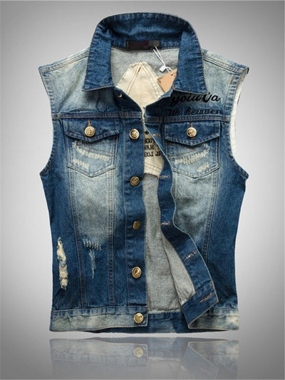 Нова къса синя мъжка лятна жилетка Корейски тънки дънкови жилетки без ръкави за мъже Едноредни дупки 95% памук Дънки Жилетка Мъжки