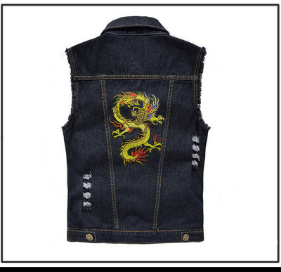 Мъжка страхотна дънкова жилетка Idopy с драконова бродерия, скъсано дънково яке без ръкави, жилетка за мъже