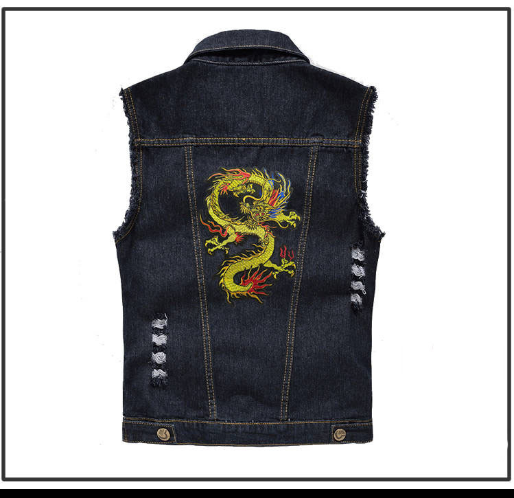Мъжка страхотна дънкова жилетка Idopy с драконова бродерия, скъсано дънково яке без ръкави, жилетка за мъже