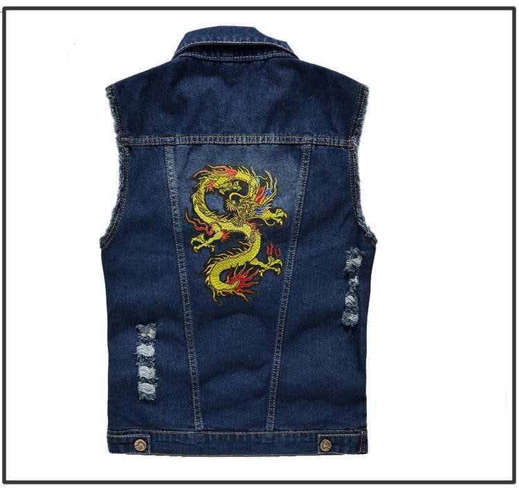 Мъжка страхотна дънкова жилетка Idopy с драконова бродерия, скъсано дънково яке без ръкави, жилетка за мъже