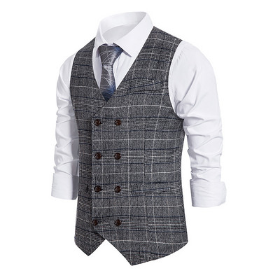 Винтидж карирани двуредни жилетки Mens Gilet Homme Steampunk Waistcoat FormalSleeveless Jacket for Men Wedding Chaleco Hombres