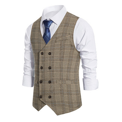 Винтидж карирани двуредни жилетки Mens Gilet Homme Steampunk Waistcoat FormalSleeveless Jacket for Men Wedding Chaleco Hombres