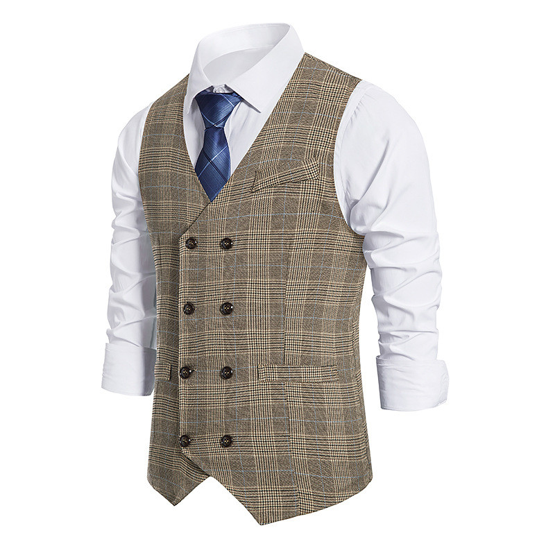Винтидж карирани двуредни жилетки Mens Gilet Homme Steampunk Waistcoat FormalSleeveless Jacket for Men Wedding Chaleco Hombres