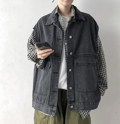 Мъжка жилетка Дънково яке без ръкави Пролет Есен Мода Реколта Едноцветни широки жилетки Ежедневно горнище Голямо мъжко облекло