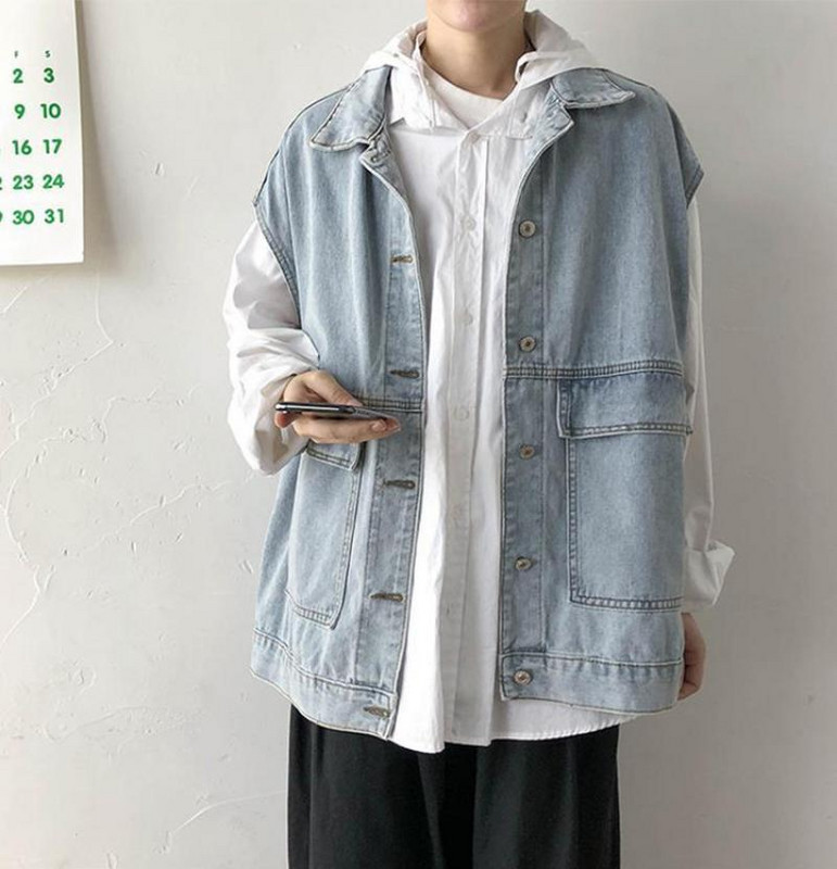 Мъжка жилетка Дънково яке без ръкави Пролет Есен Мода Реколта Едноцветни широки жилетки Ежедневно горнище Голямо мъжко облекло