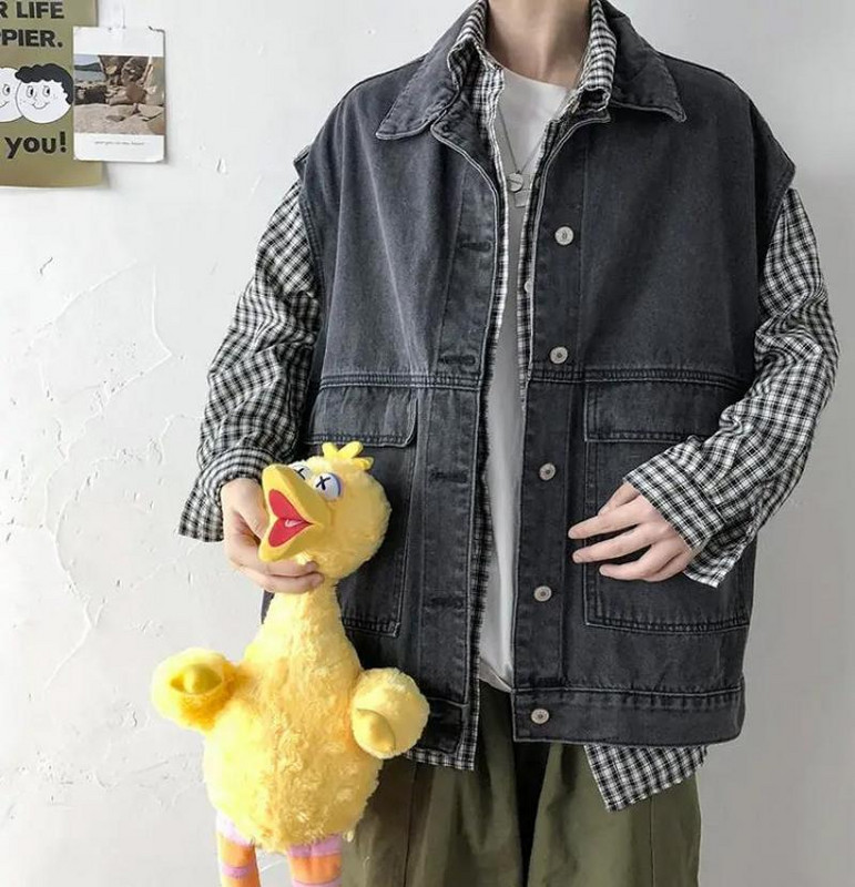 Мъжка жилетка Дънково яке без ръкави Пролет Есен Мода Реколта Едноцветни широки жилетки Ежедневно горнище Голямо мъжко облекло