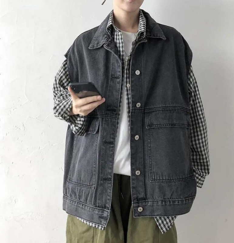 Мъжка жилетка Дънково яке без ръкави Пролет Есен Мода Реколта Едноцветни широки жилетки Ежедневно горнище Голямо мъжко облекло