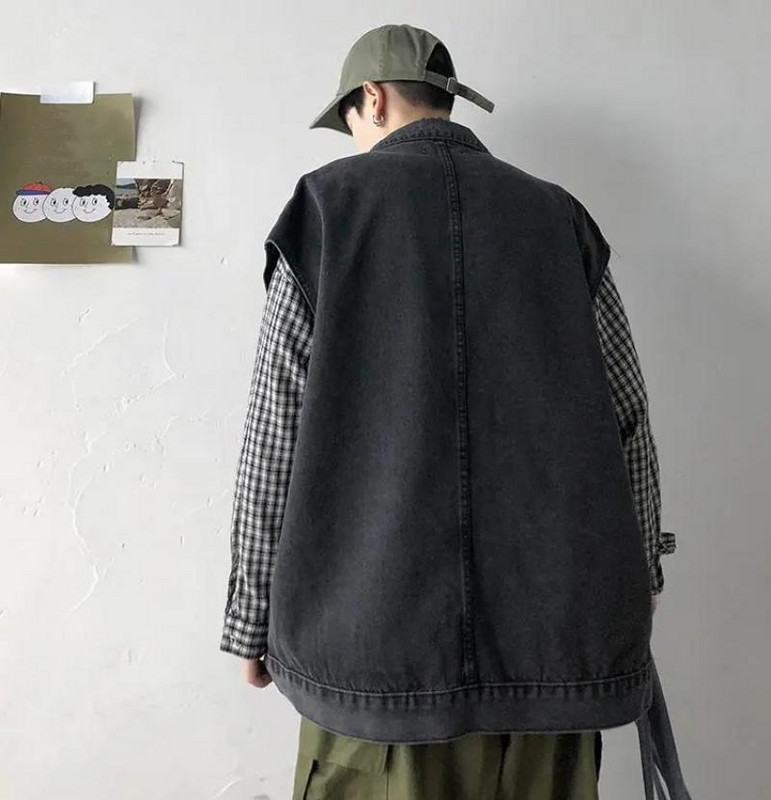 Мъжка жилетка Дънково яке без ръкави Пролет Есен Мода Реколта Едноцветни широки жилетки Ежедневно горнище Голямо мъжко облекло