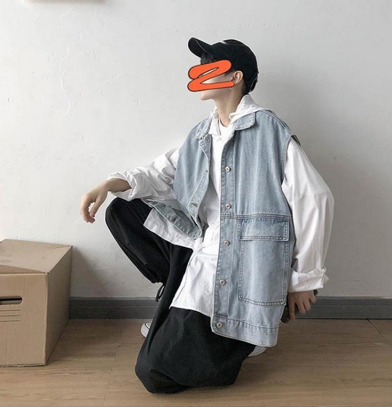 Мъжка жилетка Дънково яке без ръкави Пролет Есен Мода Реколта Едноцветни широки жилетки Ежедневно горнище Голямо мъжко облекло