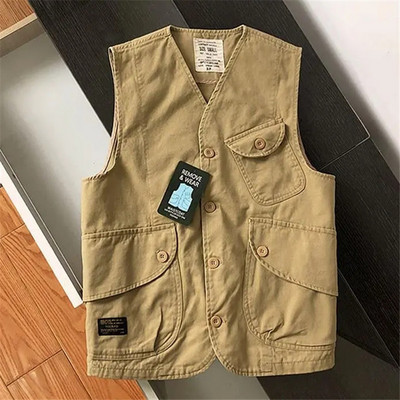 Жилетка с инструменти с множество джобове Мъжка ежедневна свободна жилетка без ръкави Chaleco Hombre Пролет Есен Едноредна жилетка с V-образно деколте