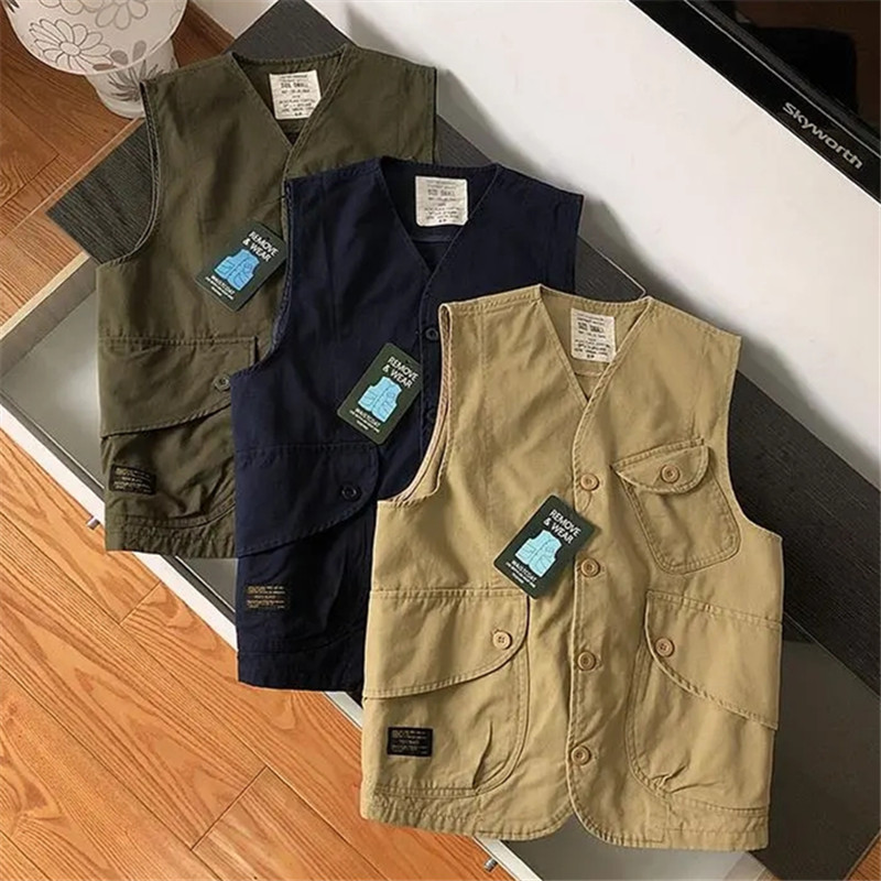 Жилетка с инструменти с множество джобове Мъжка ежедневна свободна жилетка без ръкави Chaleco Hombre Пролет Есен Едноредна жилетка с V-образно деколте