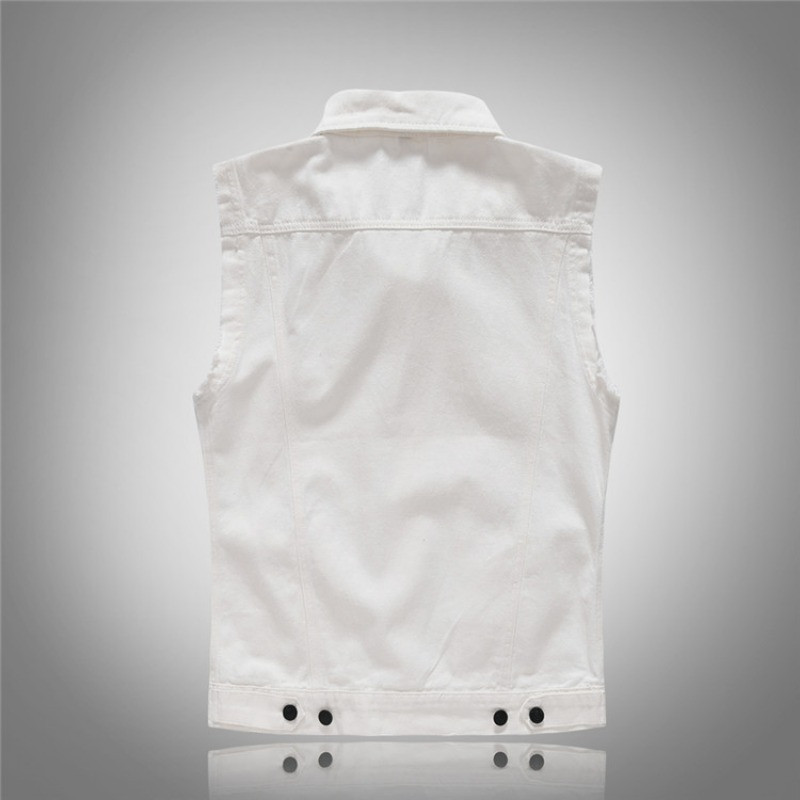 The Four Seasons Мъжка ретро дънкова жилетка Мъжки бели скъсани якета без ръкави Мъжки хип-хоп Streetwear Джинкови жилетки с дупки