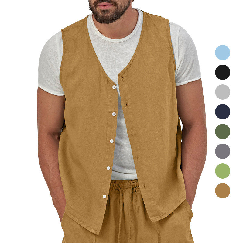 2023 Лятна мъжка жилетка Тънка ежедневна плътна памучна ленена жилетка с копчета, без ръкави, горна част, мъжко горнище