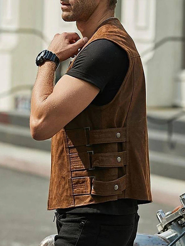 Мъжки ретро кафяви мотоциклетни жилетки, джобове с цип, кожено яке без ръкави, мъжка жилетка за езда, моторни мотоциклетни якета